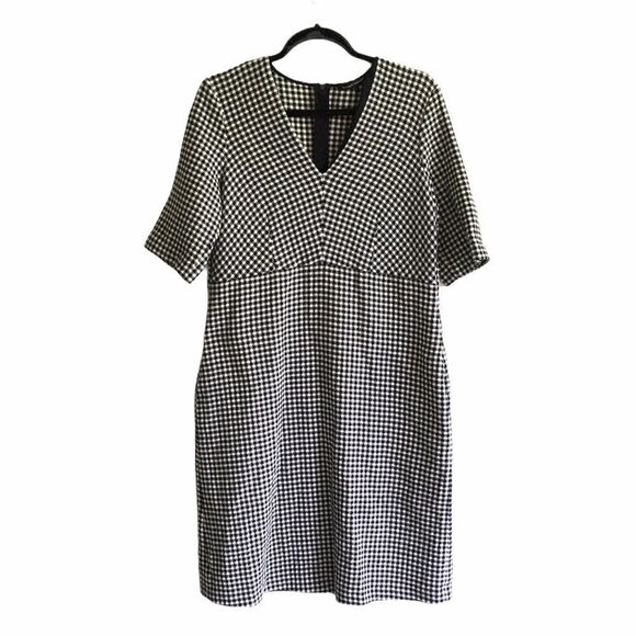 LUISA CERANO Checked Fitted Gingham Dress V-Neck Knee Length Black White 14 - Picture 5 of 13
